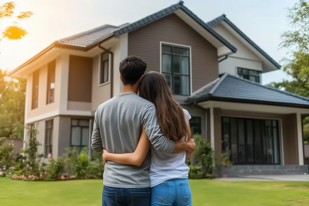 ensure buyers agency rear view couple hugging front new house